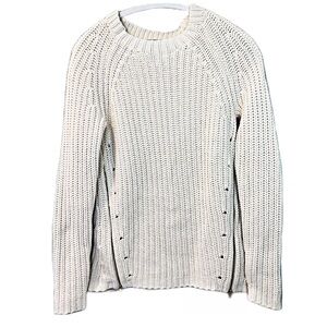 Aqua Thick Knit Long Sleeve Crew Neck Pullover Sweater Ivory Zipper Detail Sz S